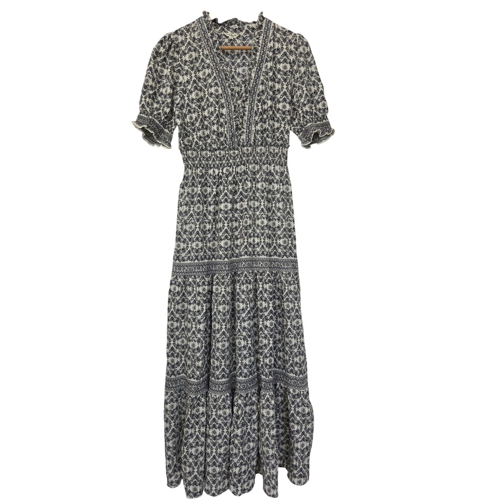 Max Studio London Ruffle Neck Tiered Maxi Dress Boho Smocked S Black Cream NWOT